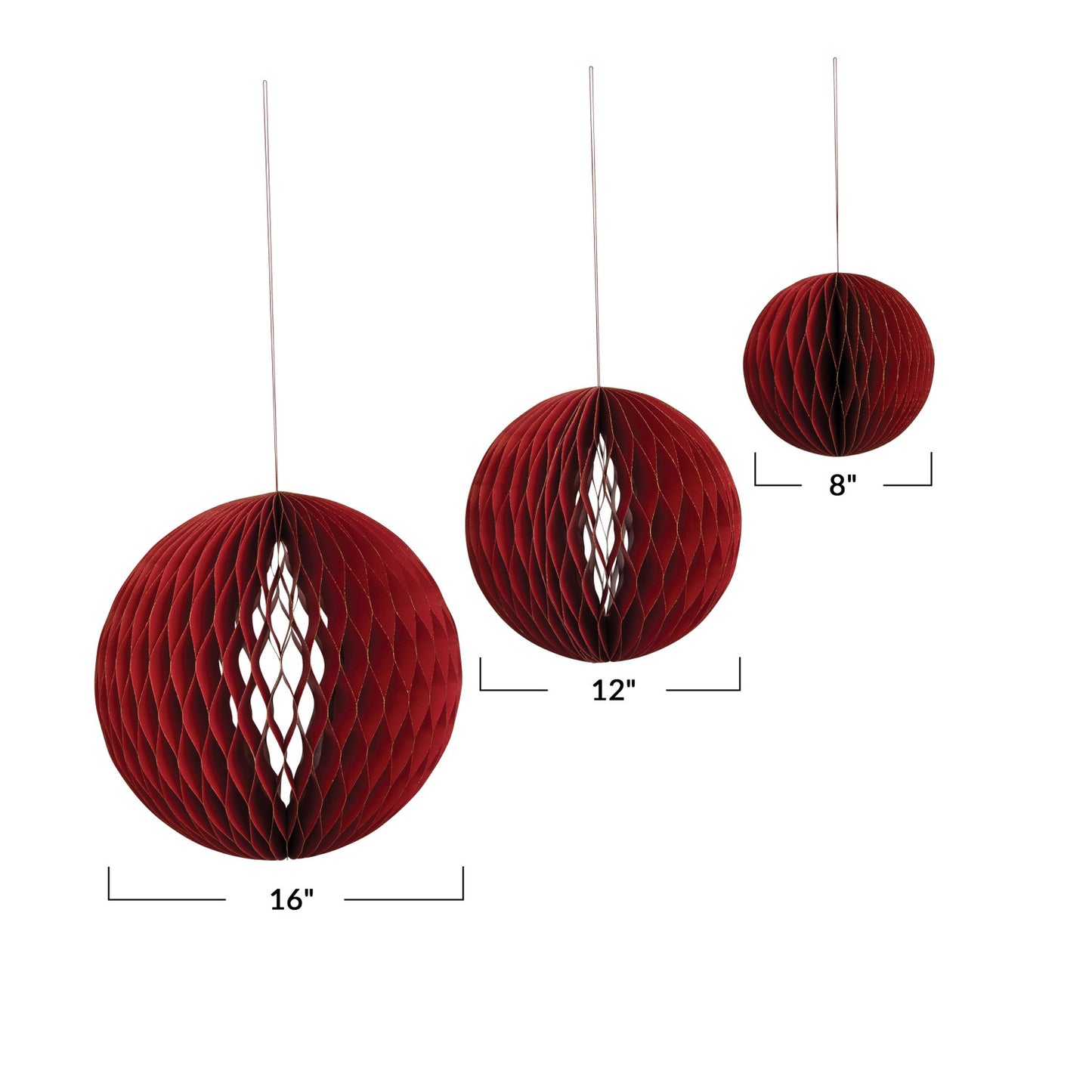 Set of 3 Paper Folding Honeycomb Ball Ornament, red 8” , 12”, 16”