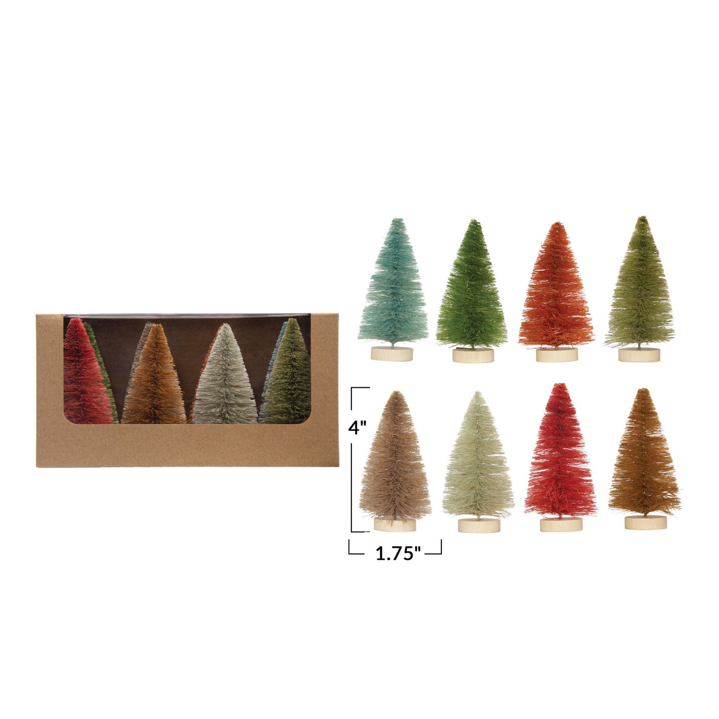 1-3/4" Round x 4"H Sisal Bottle Brush Trees w/ Wood Bases, Multi Color, Boxed Set of 8