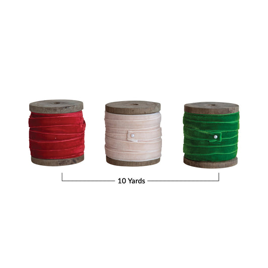 10 Yard Velvet Ribbon on Wood Spool, 3 Colors