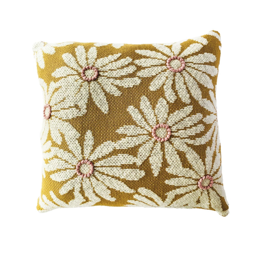 20" Square Cotton Knit Pillow w/ Flowers & Embroidery