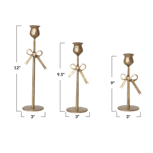 Hand-Forged Iron Taper Holders w/ Bow, Antique Gold Finish, small