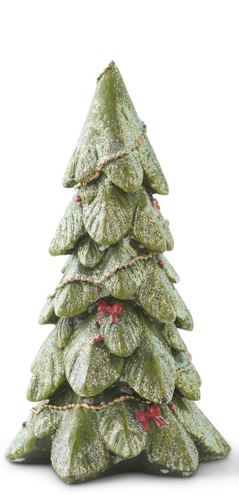 9.5" Resin Green Glitter Tree with Gold Garland