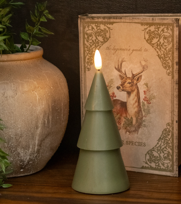 7in Dark Green Smooth Tree Candle 3D Flame