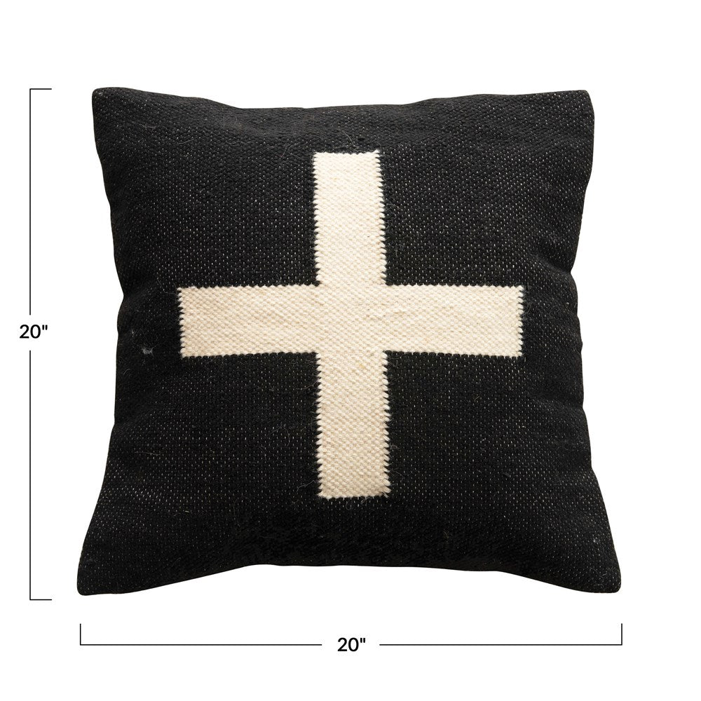 20" Square Woven Cotton Slub Pillow w/ Embroidered Swiss Cross