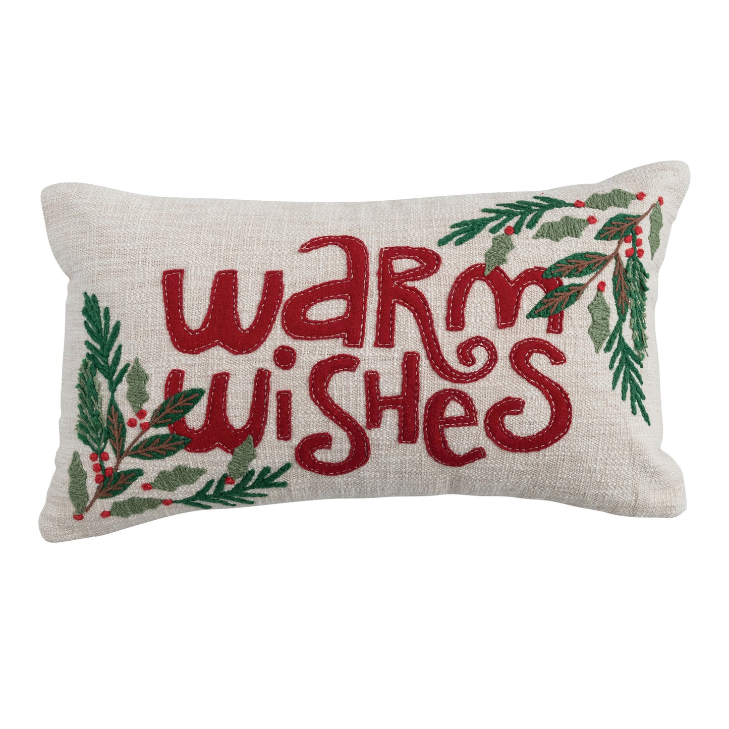 Lumbar Pillow with Appliqued Holly & Embroidery "Warm Wishes"