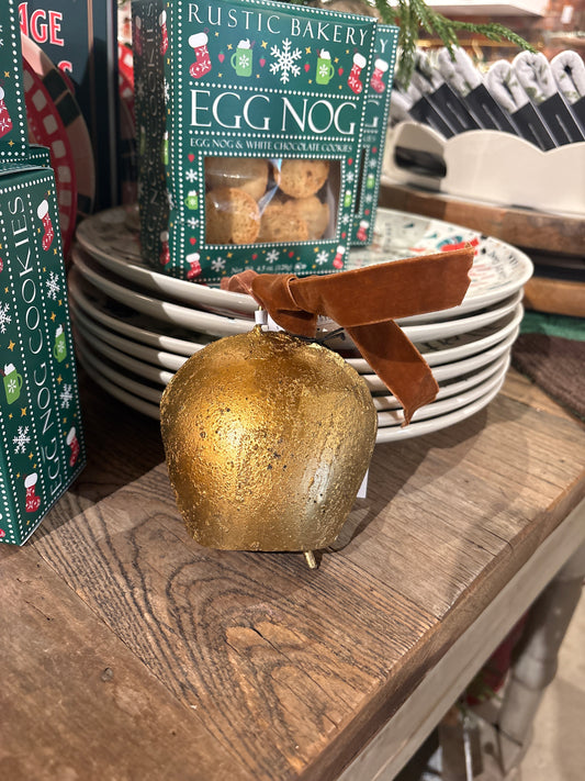 Metal bell ornament with brown velvet ribbon