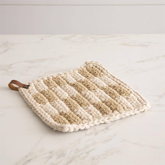 Knitted Pot Holder - Tan And Cream Cotton