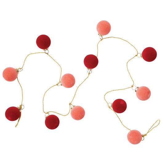 72"L Flocked Glass Ball Ornament Garland w/ Gold Cord, Pink & Red