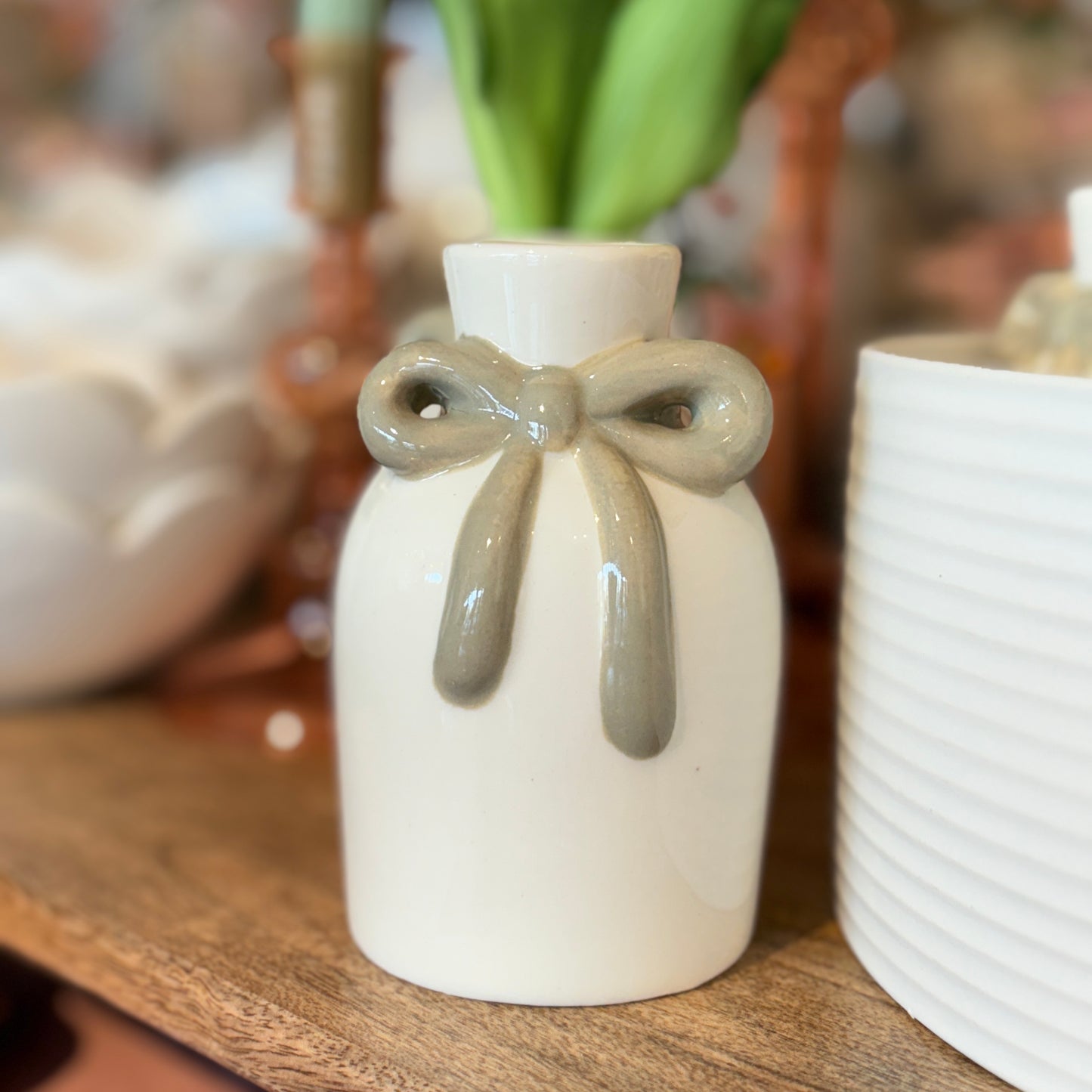 Bundle of joy, green olive ribbon vase