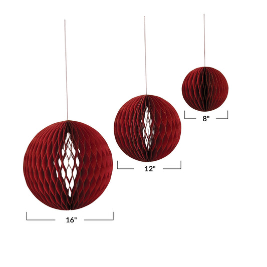 Set of 3 Paper Folding Honeycomb Ball Ornament, red 8” , 12”, 16”