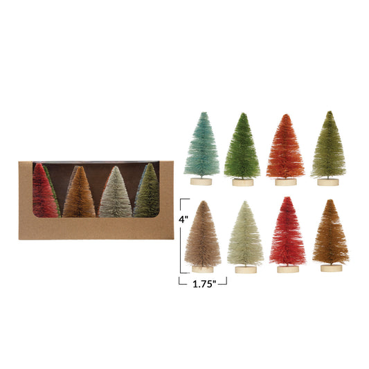 1-3/4" Round x 4"H Sisal Bottle Brush Trees w/ Wood Bases, Multi Color, Boxed Set of 8