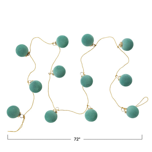 72"L Flocked Glass Ball Ornament Garland w/ Gold Cord, mint green