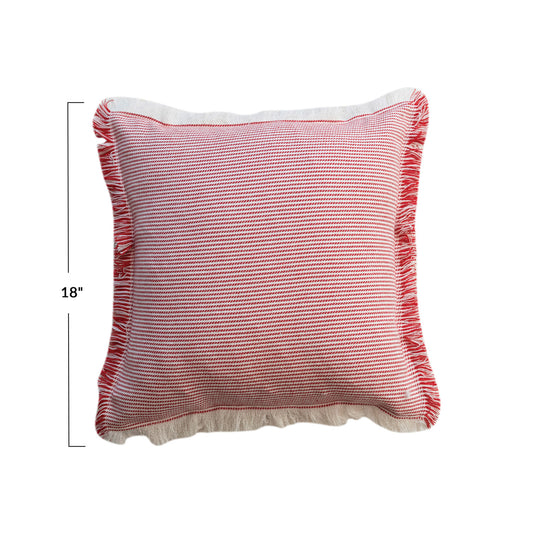 18" Square Woven Cotton Pillow w/ Stripes & Fringe, Red & White