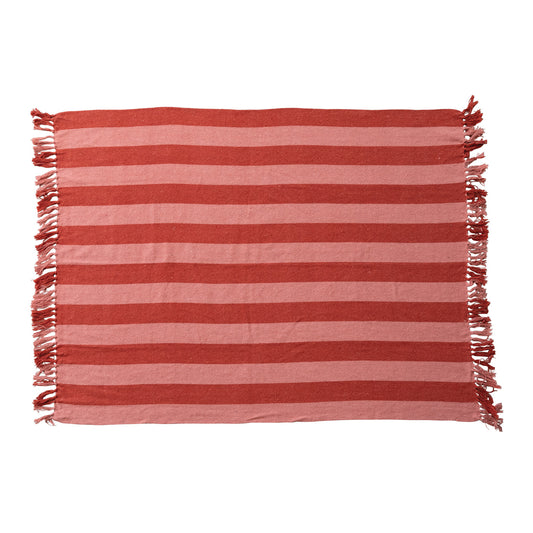 Cotton Blend Throw with Stripes & Fringes red and pink