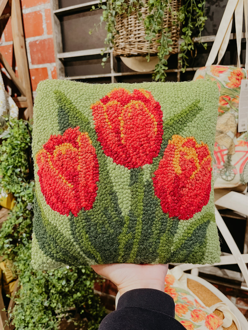 10” square Tulip Hooked pillow