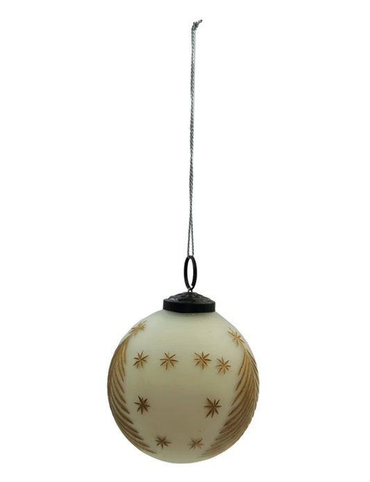 3 inch round ornament ivory glass with etched tree