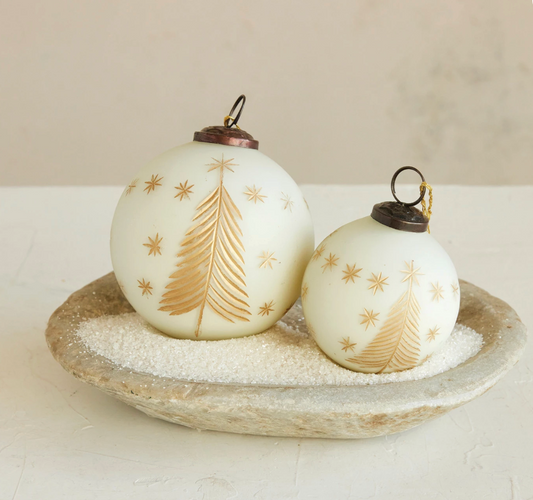 3 inch round ornament ivory glass with etched tree