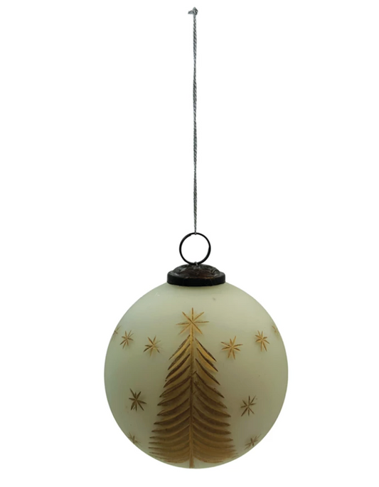 4 inch round ornament ivory glass with etched tree