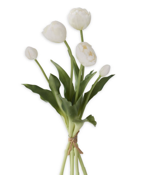 15in Real Touch Tulip Bud & Bloom Bundle UV protected 5 stem White