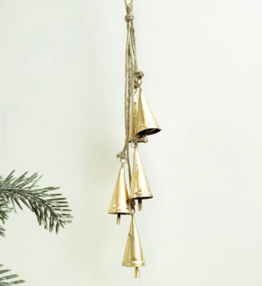 16" Five Hanging Gold Cowbells on Jute