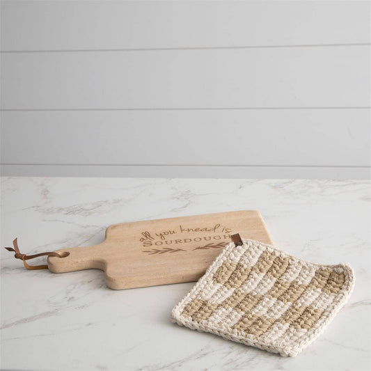 Knitted Pot Holder - Tan And Cream Cotton