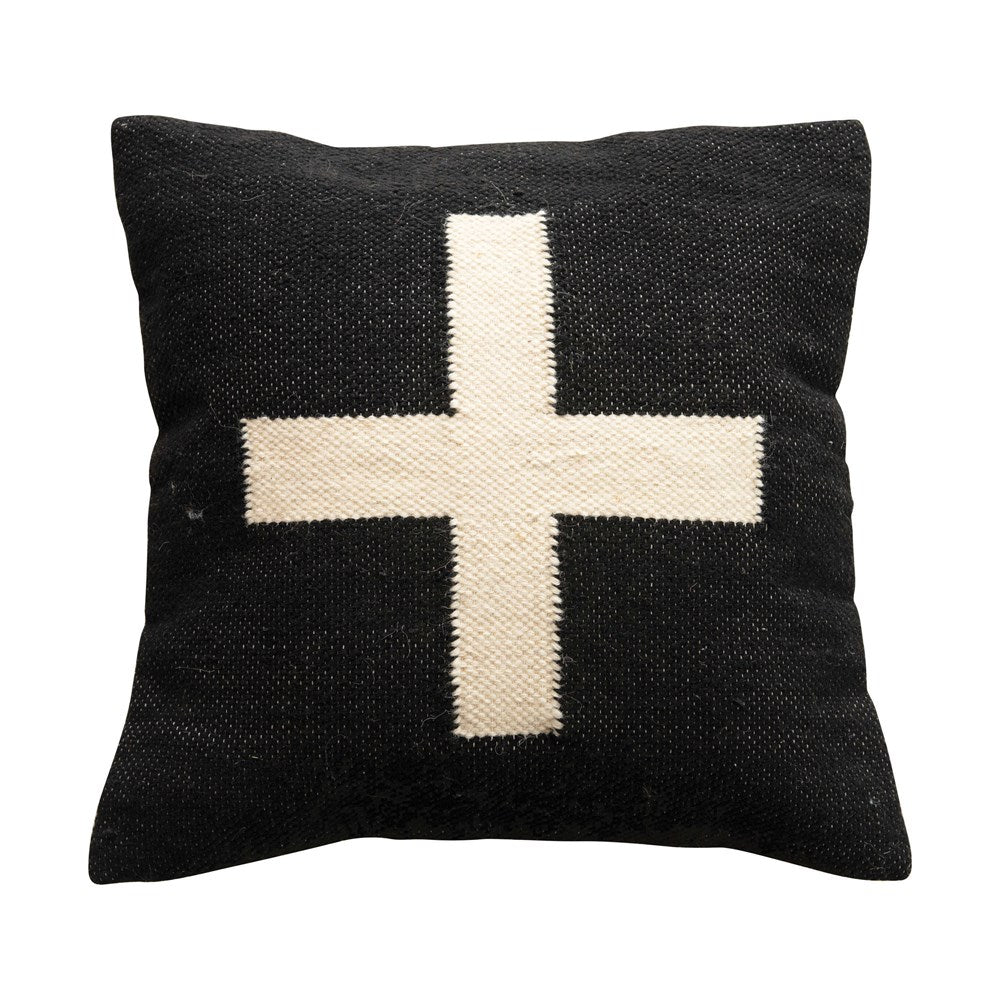 20" Square Woven Cotton Slub Pillow w/ Embroidered Swiss Cross