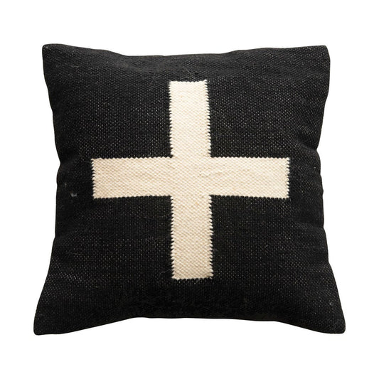 20" Square Woven Cotton Slub Pillow w/ Embroidered Swiss Cross