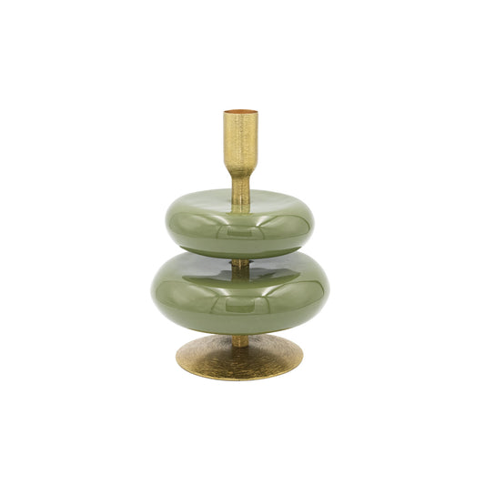 5" Round x 6-3/4"H Enameled Metal Taper Holder, Green & Gold Finish
