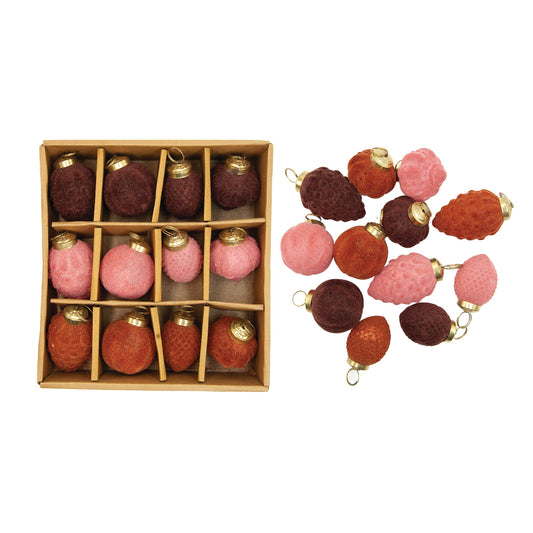 Flocked Embossed Glass Ornaments, Boxed Set of 12