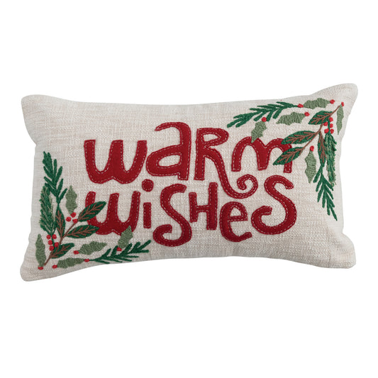Lumbar Pillow with Appliqued Holly & Embroidery "Warm Wishes"