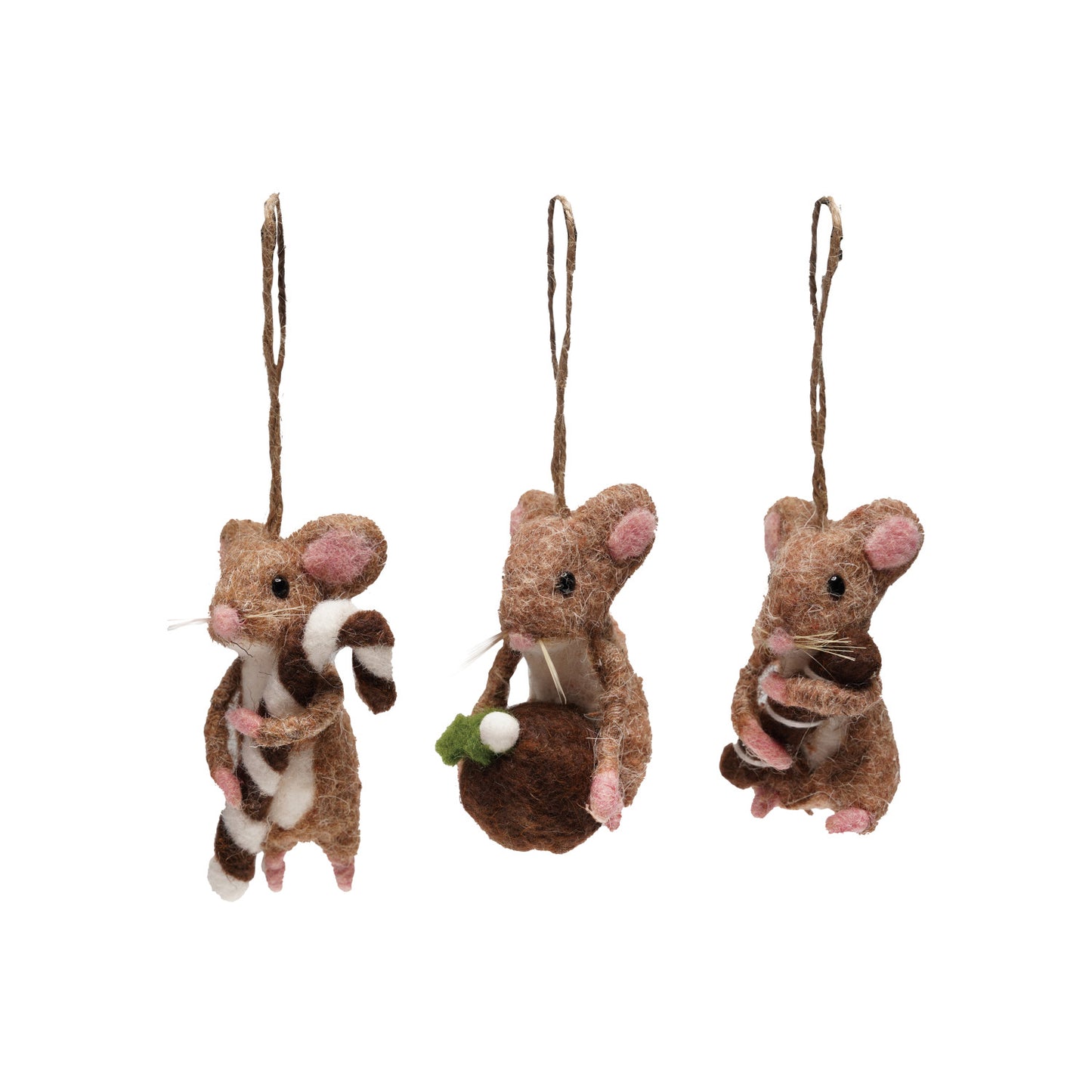 Handmade Wool Felt Mouse Ornament, Brown, 3 Styles