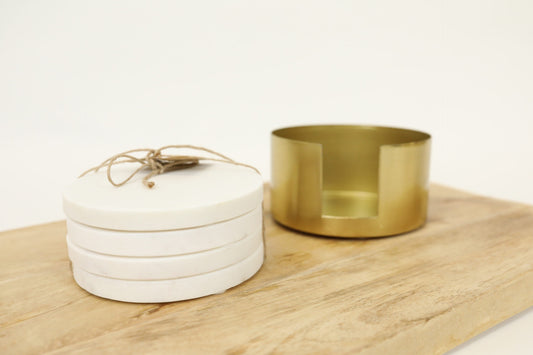 Coaster Set - White Marble & Brass Holder