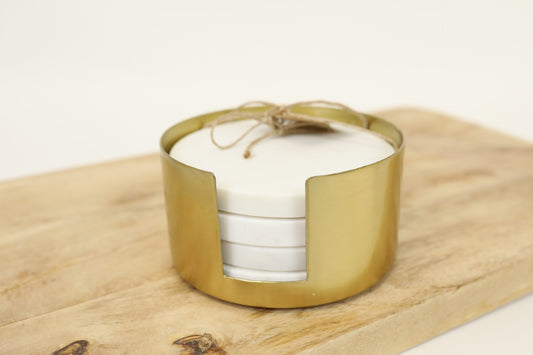 Coaster Set - White Marble & Brass Holder