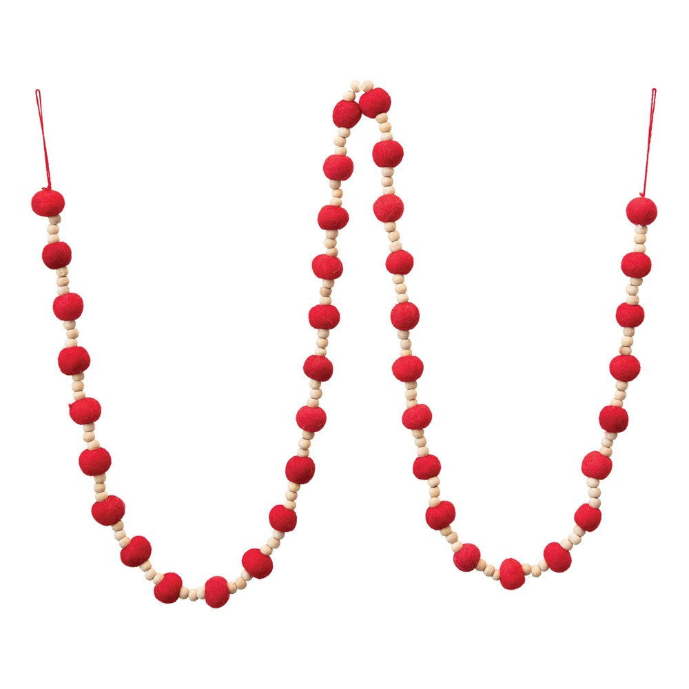 Red Felt Pom Pom & Wood Bead Garland