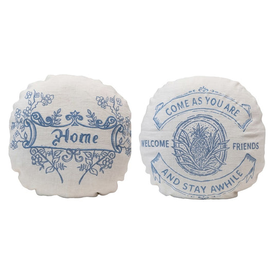 Round White and Blue Embroidered Round Pillow