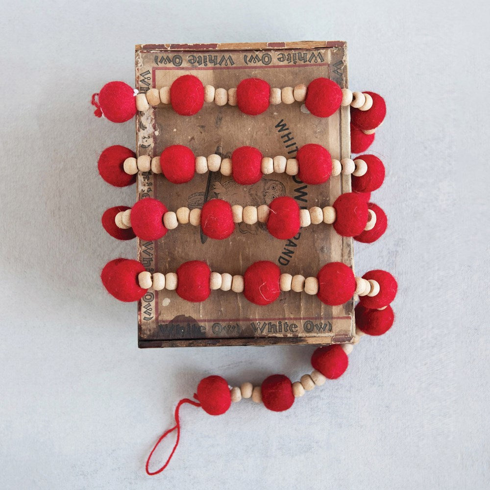 Red Felt Pom Pom & Wood Bead Garland