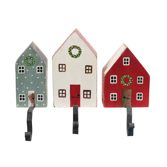 7"H - 9"H Hand-Painted Mango Wood House Stocking Hanger, Multi Color, 3 Styles
