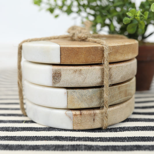 Coaster Set - Round Marble & Wood