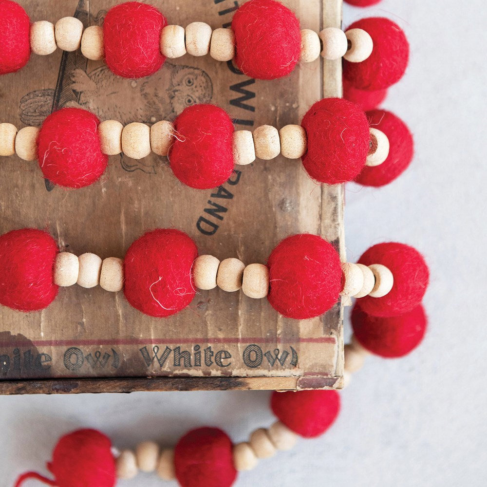 Red Felt Pom Pom & Wood Bead Garland